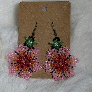 Pink Handmade Beaded Flower Earrings